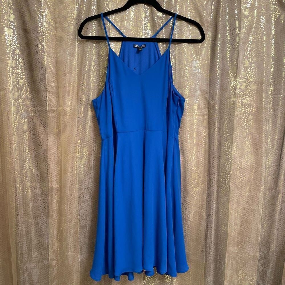 Express Royal Blue Chiffon V Neck Skater Dress, Size 12 NWOT
